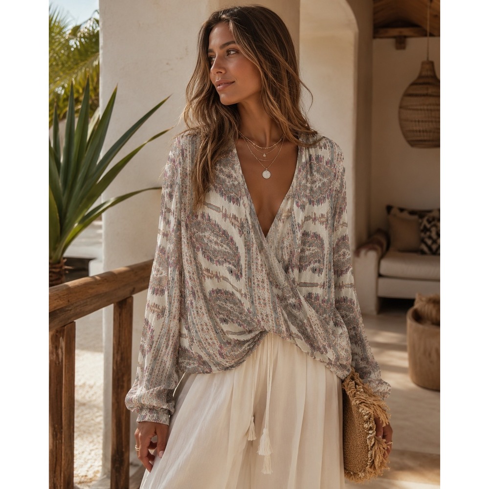 Calypso St Barth Silk Ikat Paisley Wrap Front V-Neck Blouse Cream Pink Blue XS